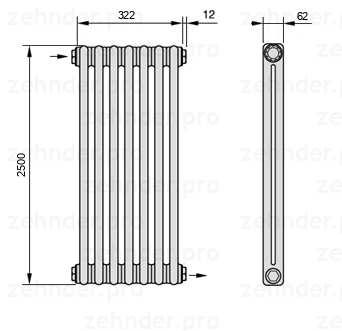 Схема (чертеж) Радиатор Zehnder Charleston 2250/7 №1670 Белый глянцевый RAL 9016
